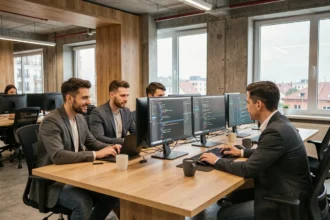 Équipe de développement SaaS roumaine collaborant dans un bureau moderne à Bucarest autour de tableaux de bord B2B