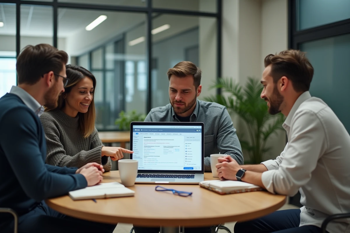 Équipe collaborative utilisant la plateforme ENT lors d'une réunion dans un espace de coworking métropolitain