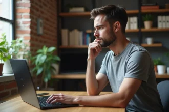 Homme concentré devant un écran d'ordinateur portable affichant une barre de progression de téléchargement