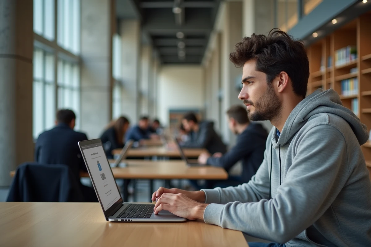 Étudiant en bibliothèque universitaire normande accédant à sa messagerie académique webmail sur ordinateur portable