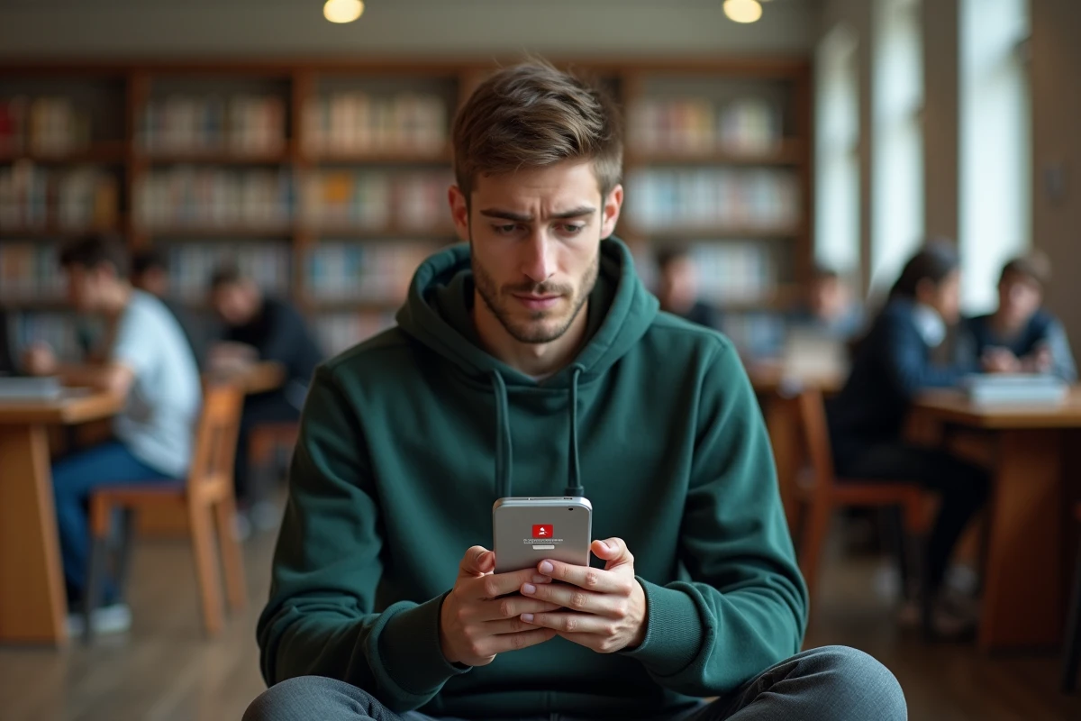 Étudiant consultant son smartphone face à un message de blocage de compte webmail dans une bibliothèque universitaire
