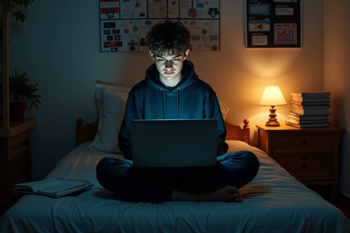 Étudiant cherchant un site miroir ou proxy sur ordinateur portable dans sa chambre pour contourner un blocage