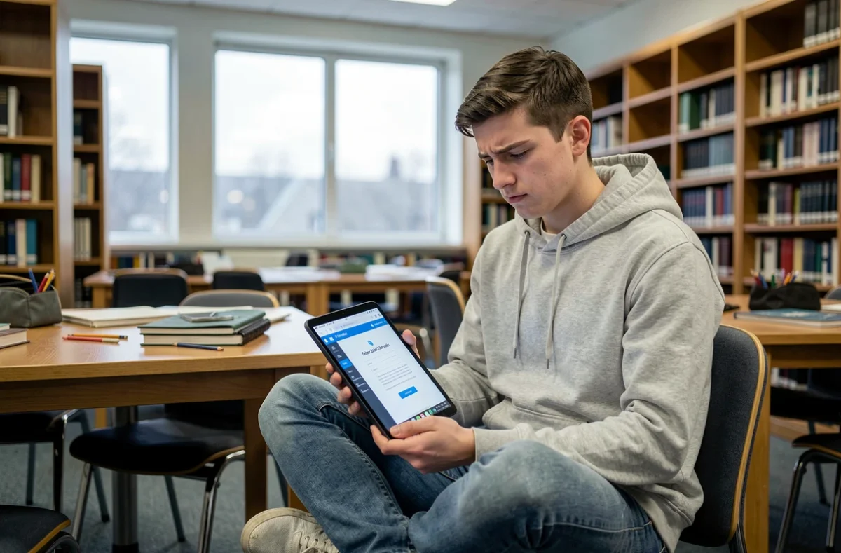 Étudiant avec une tablette affichant une erreur de connexion à la messagerie académique Mel Ouvert Rennes dans une bibliothèque universitaire