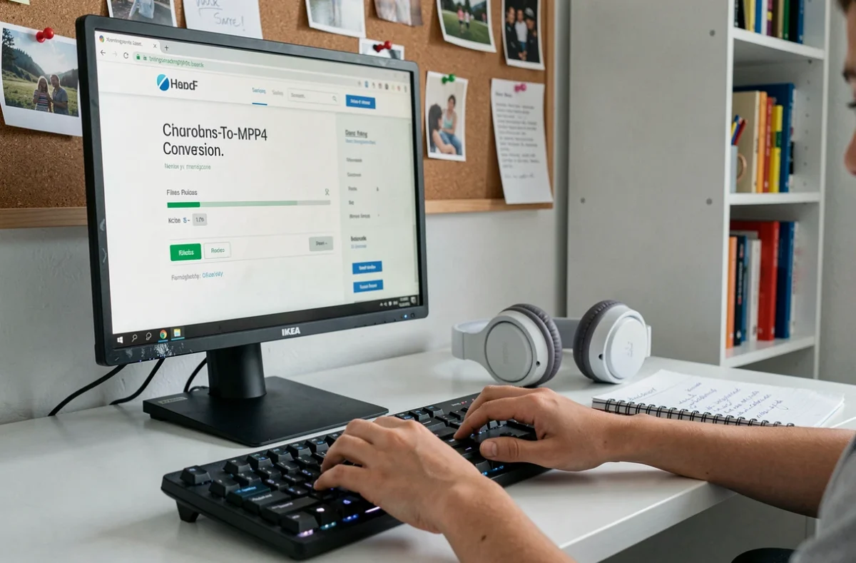 Mains d'un étudiant téléchargeant légalement une vidéo au format MP4 sur un ordinateur de bureau