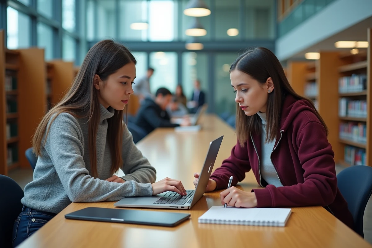 Deux étudiantes en bibliothèque universitaire collaborant sur un projet via l'interface de messagerie Zimbra sur ordinateur portable