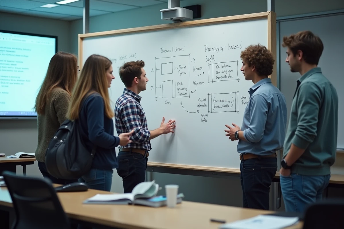 Étudiants en informatique analysant des schémas de listes Python imbriquées sur un tableau blanc en salle de cours
