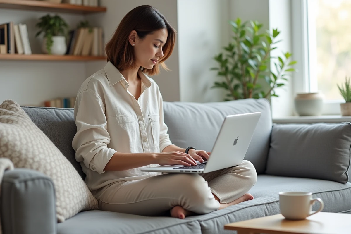 Femme à la maison évaluant les différences entre Framapas et Google Docs sur son ordinateur portable