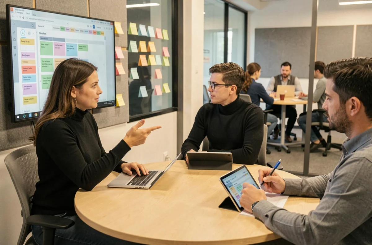 Chef de projet IT d'Evocom animant une réunion agile avec tableau Kanban dans un espace de travail collaboratif moderne