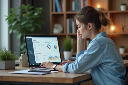 Femme concentr&eacute;e analysant des donn&eacute;es SEO sur un ordinateur