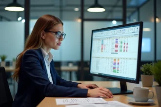 Femme professionnelle analysant des doublons dans un tableau Excel sur un grand écran dans un bureau moderne