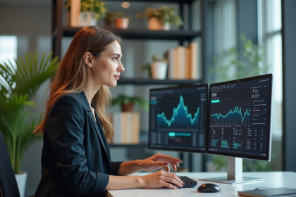 Femme en réunion d'analyse marketing au bureau