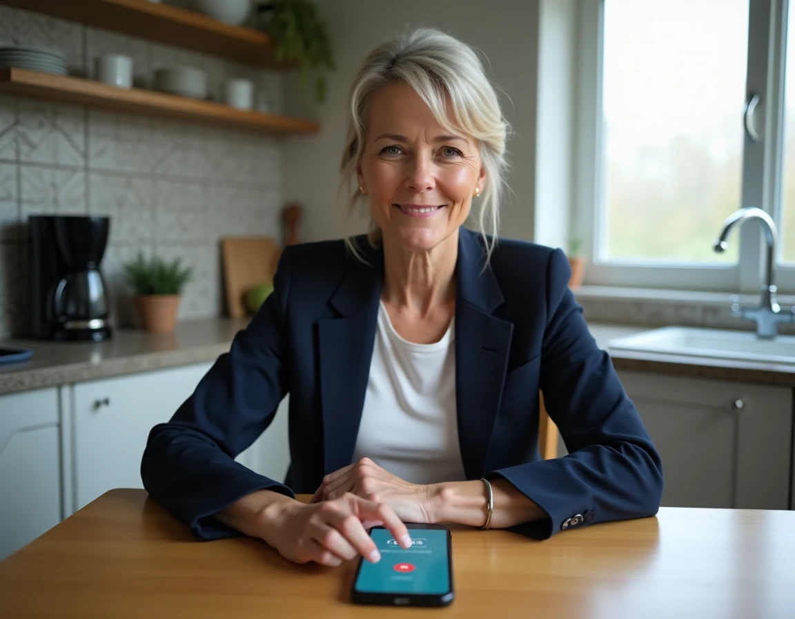Une femme visualisant les appels bloqués par une application anti-démarchage sur son téléphone Android posé sur une table de cuisine