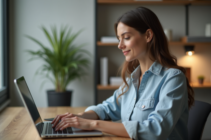 Femme au bureau analysant des données sur son ordinateur