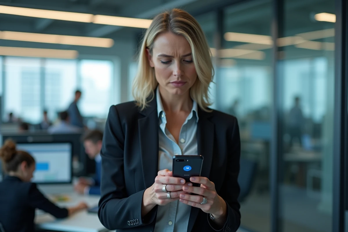 Femme professionnelle vérifiant une application Facebook Messenger lente sur son téléphone dans un bureau moderne