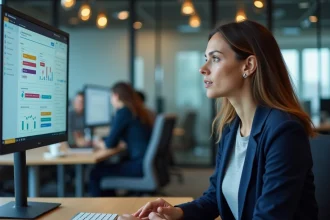 Femme professionnelle utilisant une interface de travail collaboratif ENT dans un bureau métropolitain moderne