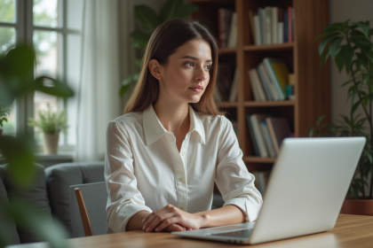Femme concentrée au bureau à domicile avec ordinateur