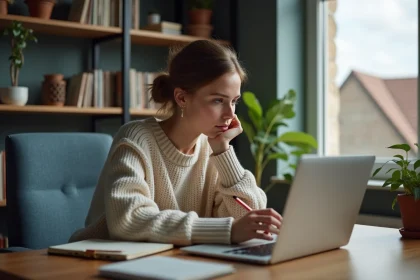 Jeune femme au bureau à domicile en train de prendre des notes