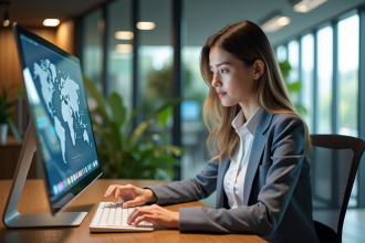 Jeune femme au bureau utilisant une interface futuriste