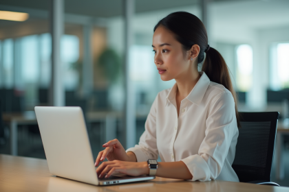 Jeune femme au bureau travaillant sur un ordinateur portable
