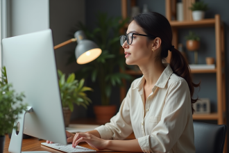 Femme réfléchie au bureau avec ordinateur et plantes