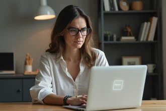 Femme au bureau à domicile regardant son ordinateur portable