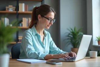 Femme concentrée travaillant sur son ordinateur dans un bureau calme