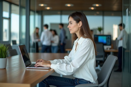 Femme au bureau travaillant sur un ordinateur moderne
