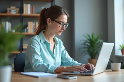Femme concentr&eacute;e travaillant sur son ordinateur dans un bureau calme