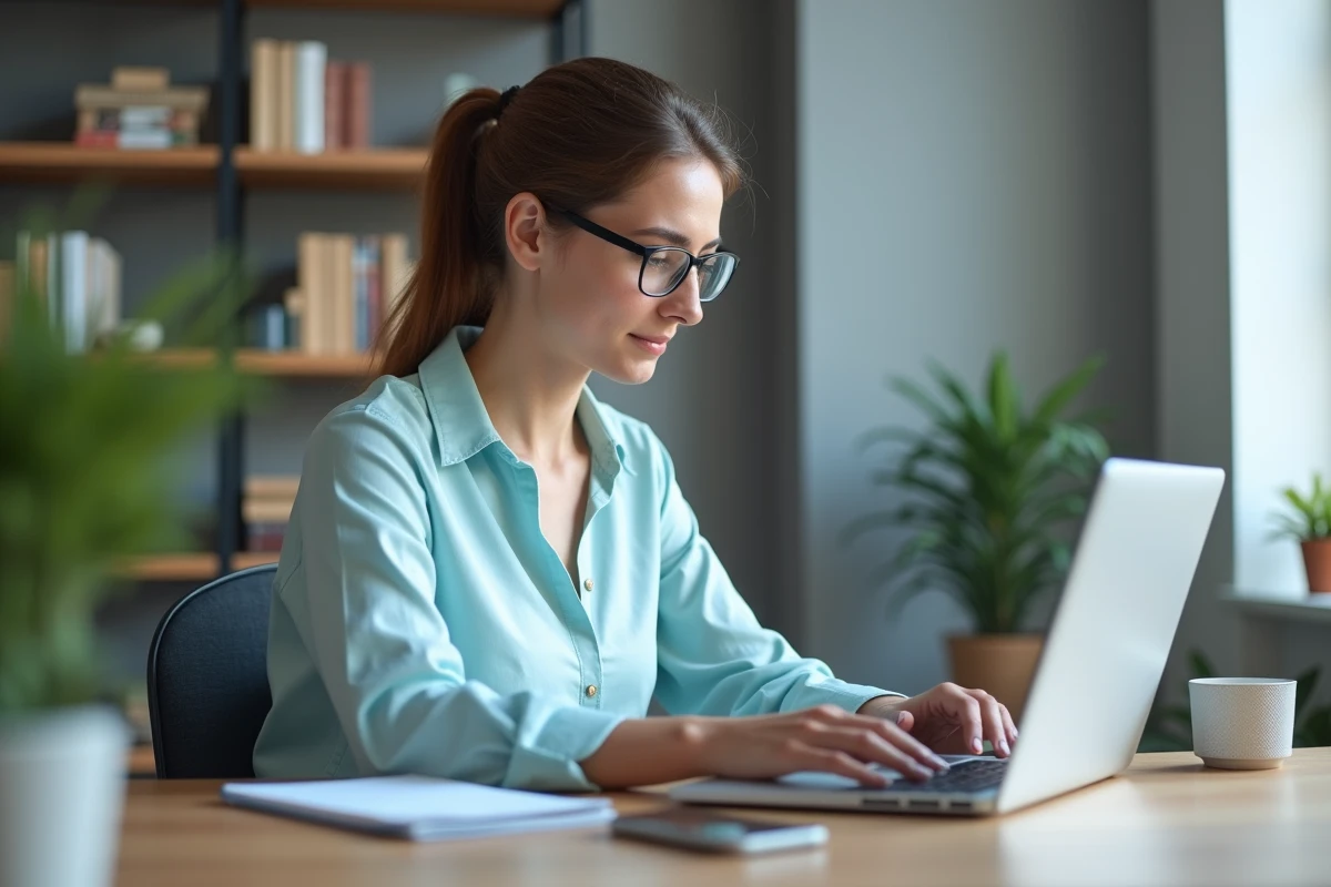 Femme concentrée travaillant sur son ordinateur dans un bureau calme