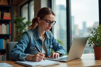 Femme en denim et lunettes travaillant sur son ordinateur dans un bureau moderne