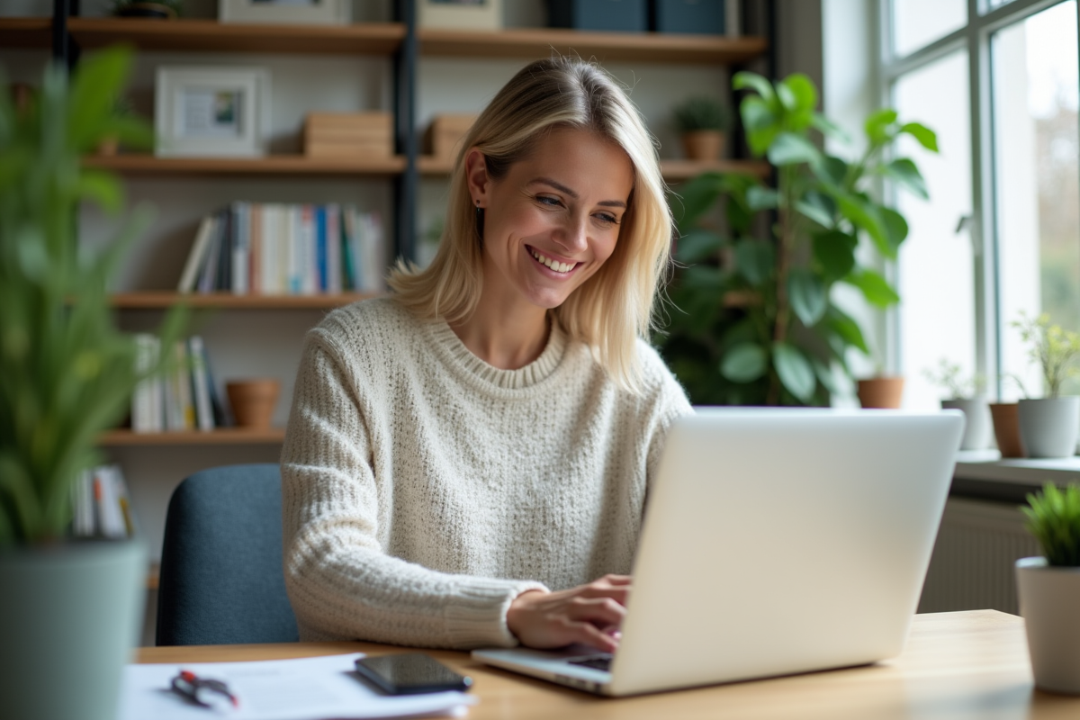 Femme souriante dans un bureau lumineux avec ordinateur