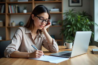 Jeune femme professionnelle prenant des notes dans un bureau moderne