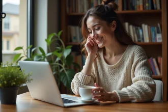 Jeune femme souriante travaillant sur son ordinateur à la maison