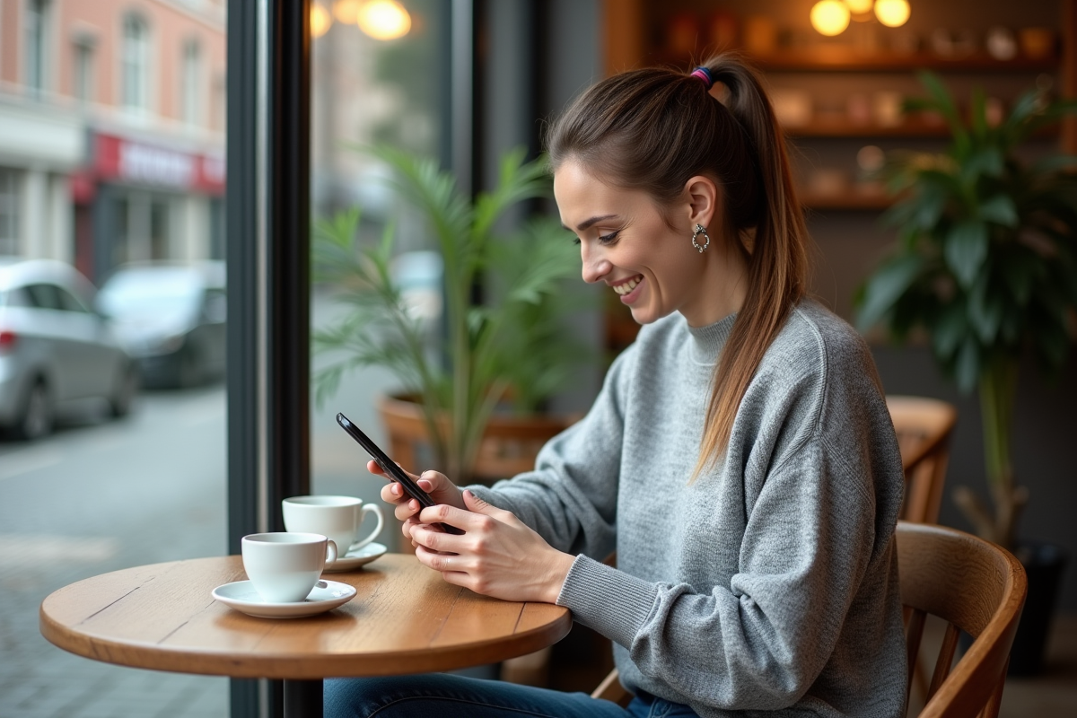 Femme assise au café regardant son téléphone