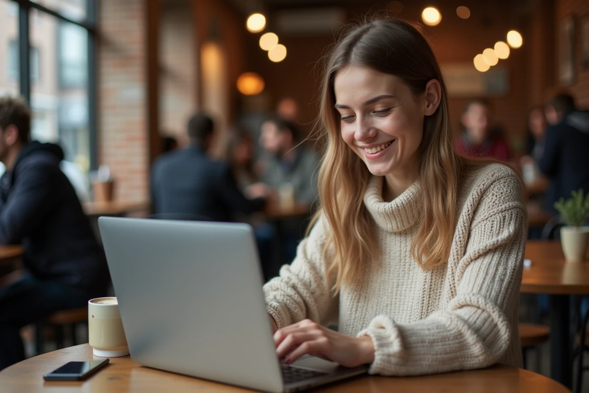 Jeune femme dans un caf&eacute; urbain utilisant son ordinateur portable