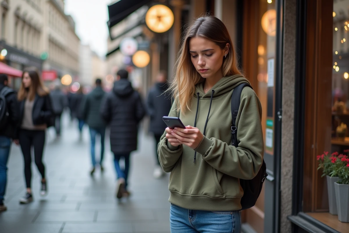 Jeune femme dans la rue regardant son smartphone