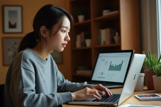 Jeune femme analysant l'utilisation du stockage de photos sur son ordinateur portable à un bureau en bois