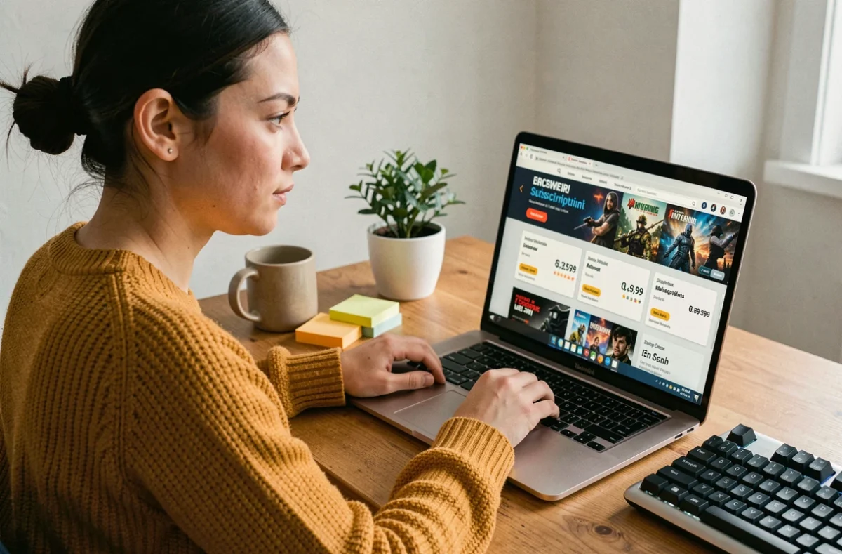 Femme comparant les prix d'abonnements jeux vidéo sur ordinateur portable pour économiser