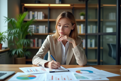 Femme concentrée planifiant au bureau moderne