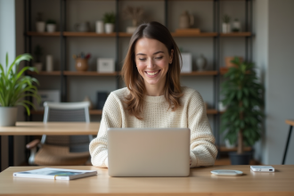 Femme travaillant sur un ordinateur dans un espace coworking moderne