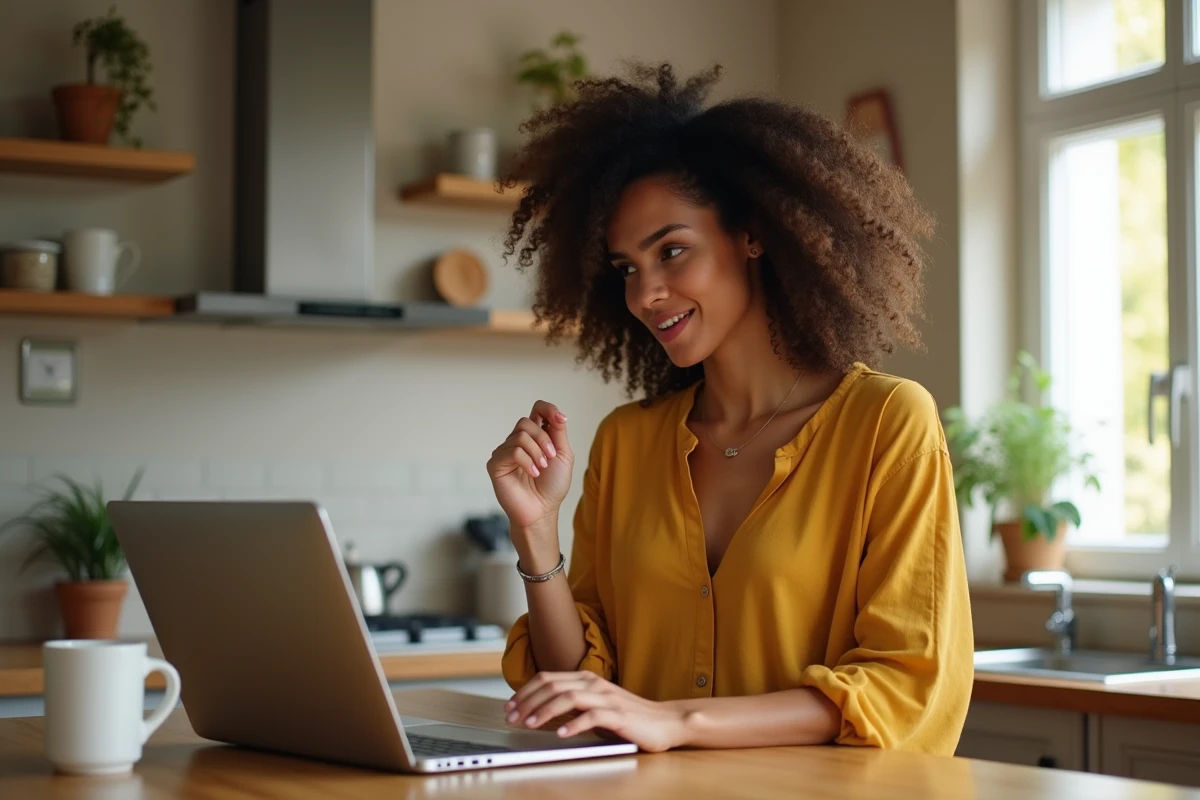 Femme créatrice de contenu lisant des idées générées par une intelligence artificielle sur son ordinateur portable dans une cuisine lumineuse le matin