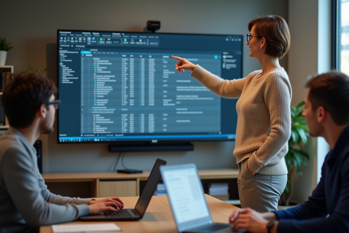 Femme pointant un écran de configuration serveur en réunion