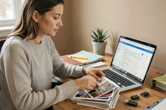 Femme organisant des photos JPG sur son ordinateur portable pour les fusionner en un seul document avant envoi par mail
