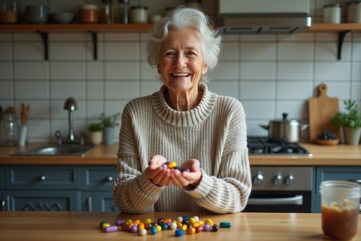 Femme âgée tenant des bouchons de bouteille dans une cuisine moderne