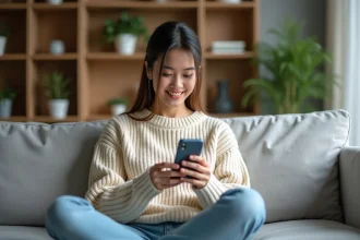 Jeune femme paramétrant une sonnerie musicale sur iPhone depuis un canapé, application de musique ouverte à l'écran