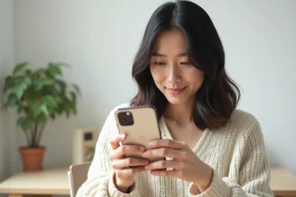 Femme tenant un iPhone 14 dans les mains et consultant l'écran dans un bureau moderne minimaliste
