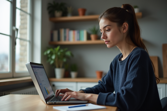 Jeune femme utilisant un logiciel d'assistance sur son ordinateur