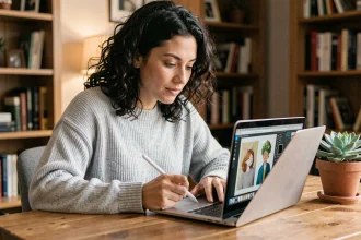 Femme utilisant un logiciel de dessin gratuit sur MacBook dans un bureau à domicile