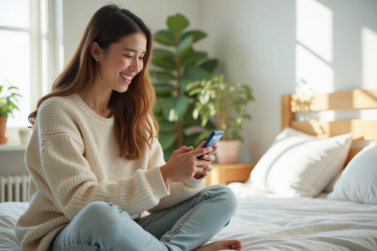 Jeune femme souriante utilisant son smartphone dans sa chambre