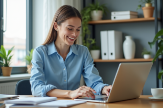 Jeune femme organisant des dossiers numériques dans un bureau lumineux
